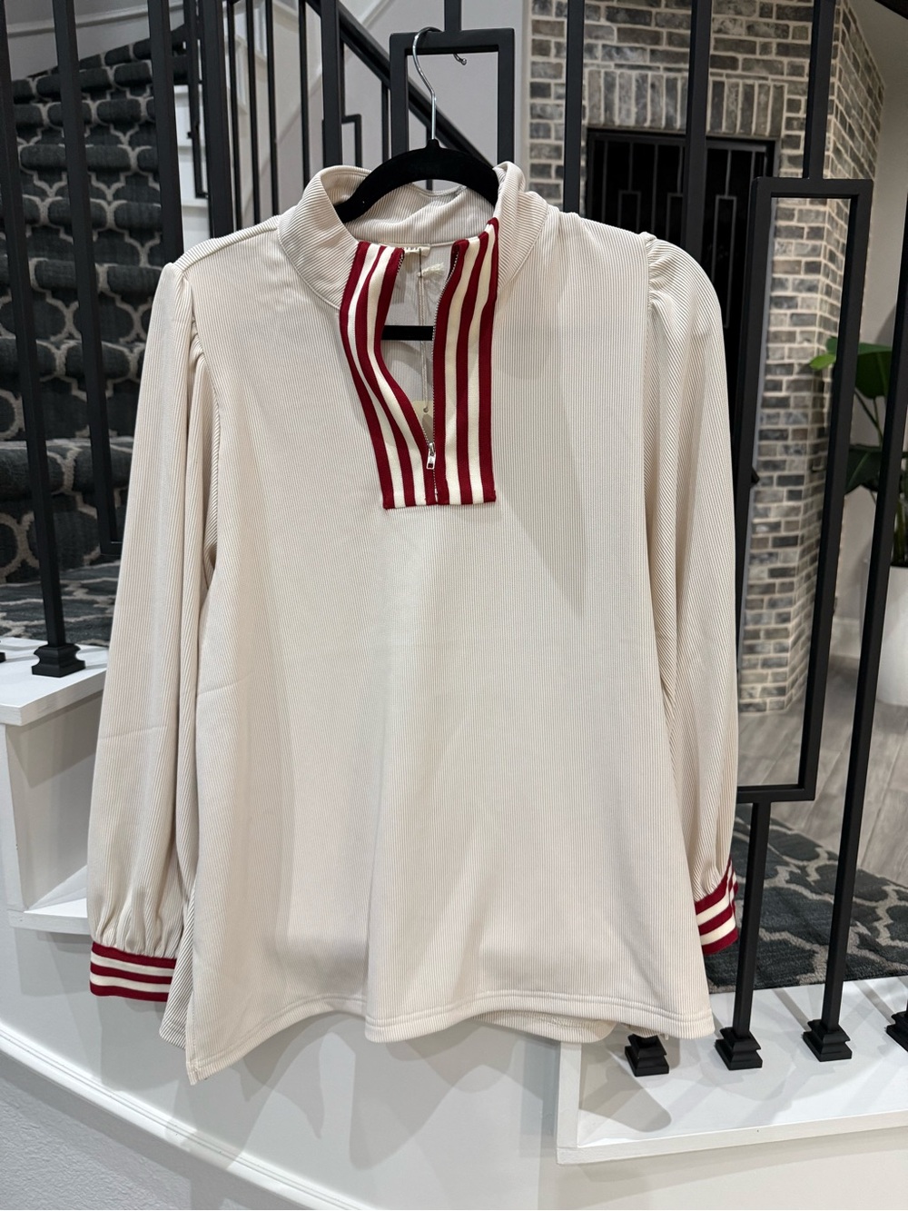 JODIFL Cream Quarter-Zip Pullover with Red Stripe Accents